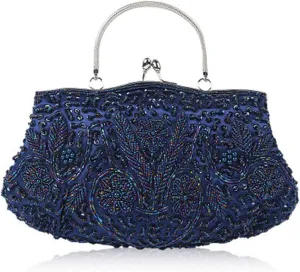 Beaded Sequin Design Flower Evening Purse Large Clutch Bag