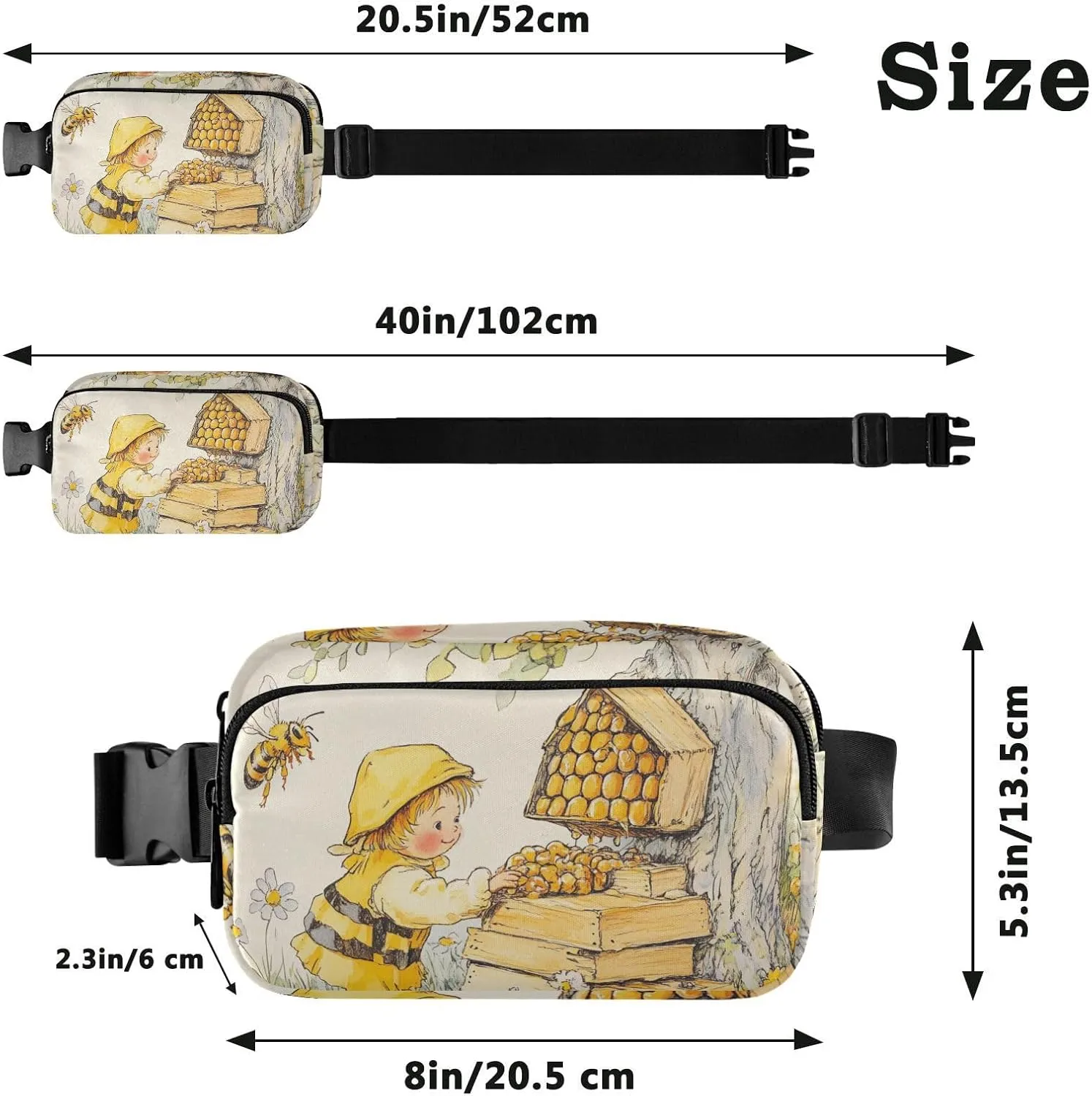 Bee Collecting Honey Tree Fashion Crossbody Bag Waist Packs for Men Women Mini Zipper Fanny Pack Sling Bag with Adjustable Strap for Travel Shopping Running
