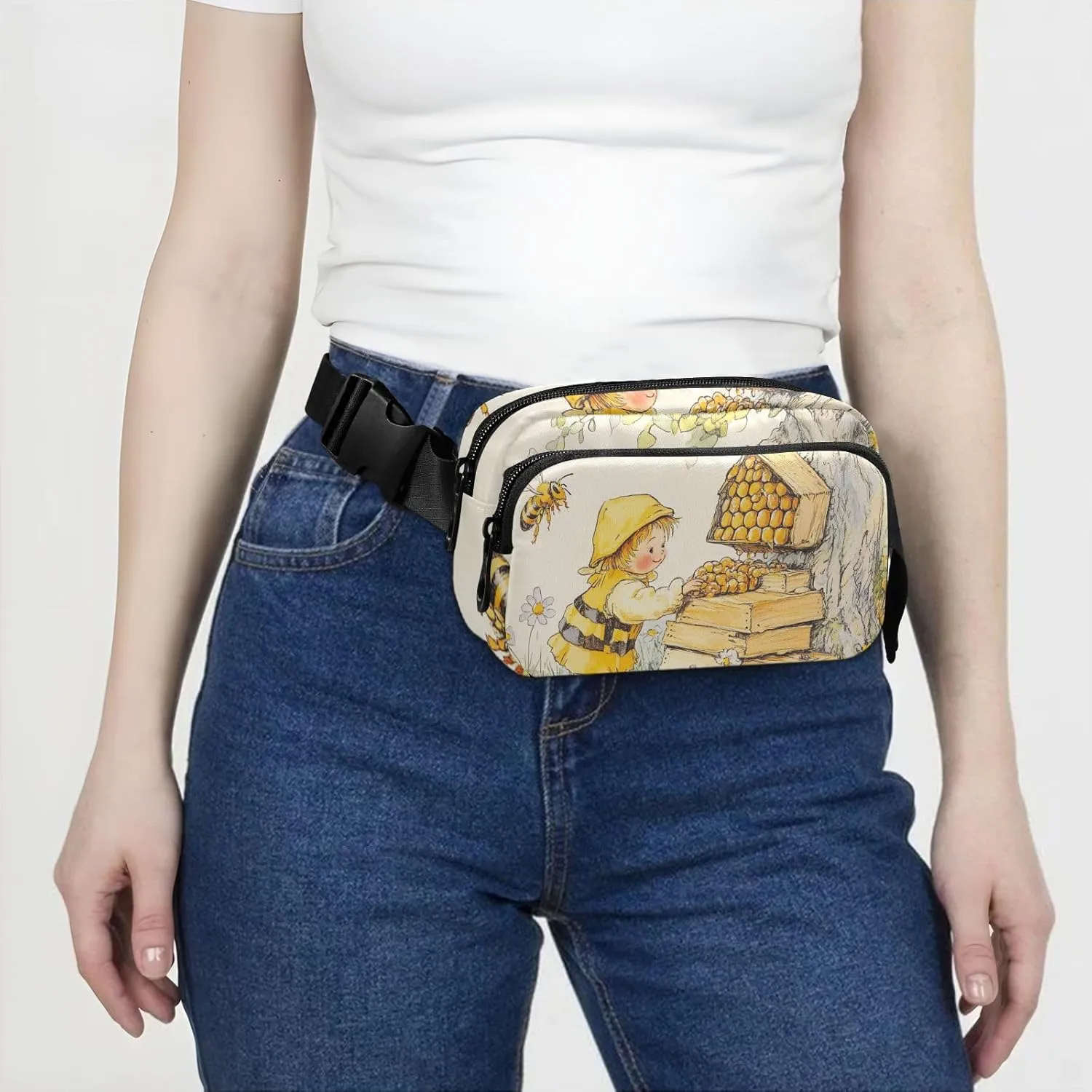 Bee Collecting Honey Tree Fashion Crossbody Bag Waist Packs for Men Women Mini Zipper Fanny Pack Sling Bag with Adjustable Strap for Travel Shopping Running