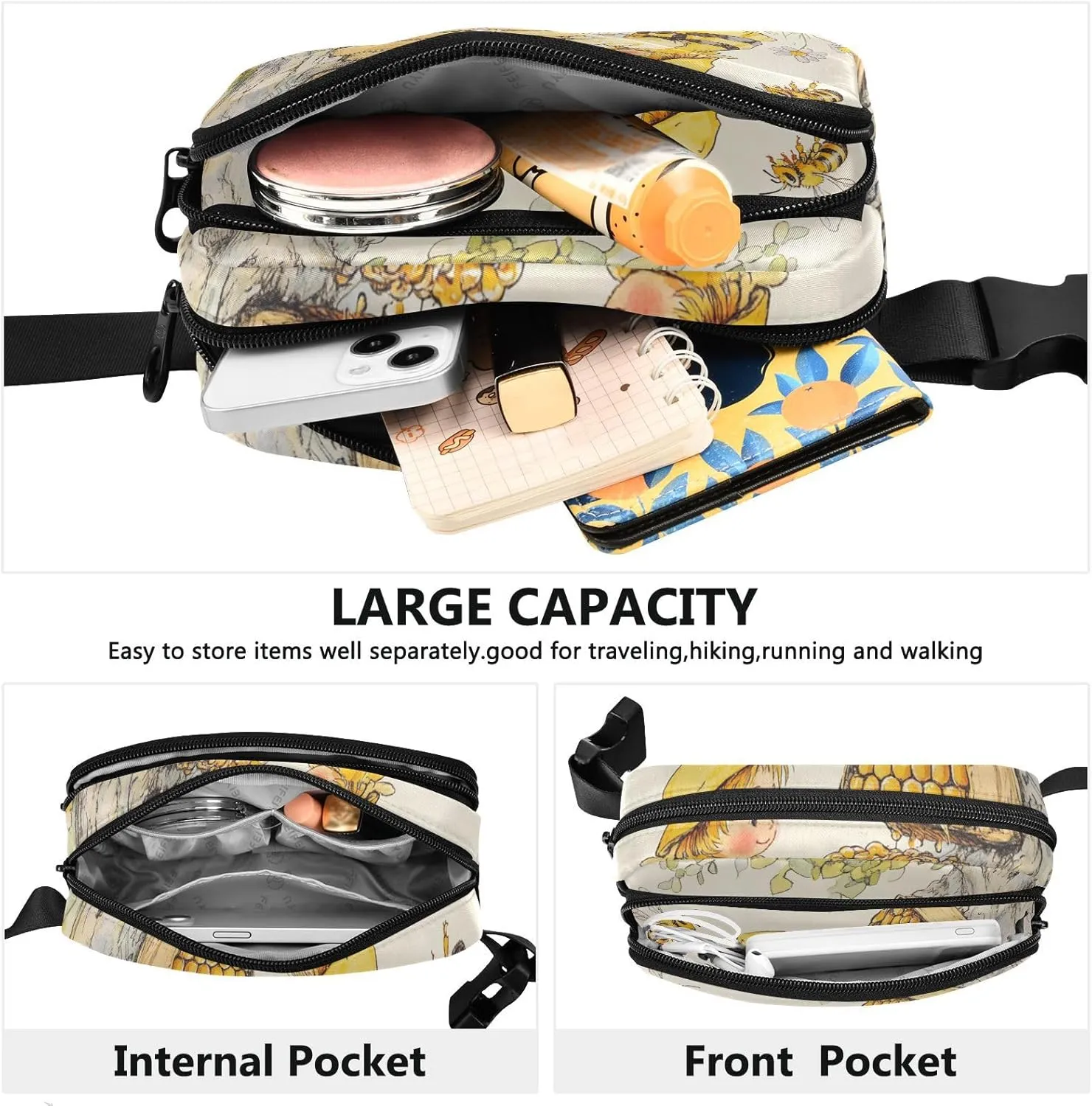Bee Collecting Honey Tree Fashion Crossbody Bag Waist Packs for Men Women Mini Zipper Fanny Pack Sling Bag with Adjustable Strap for Travel Shopping Running