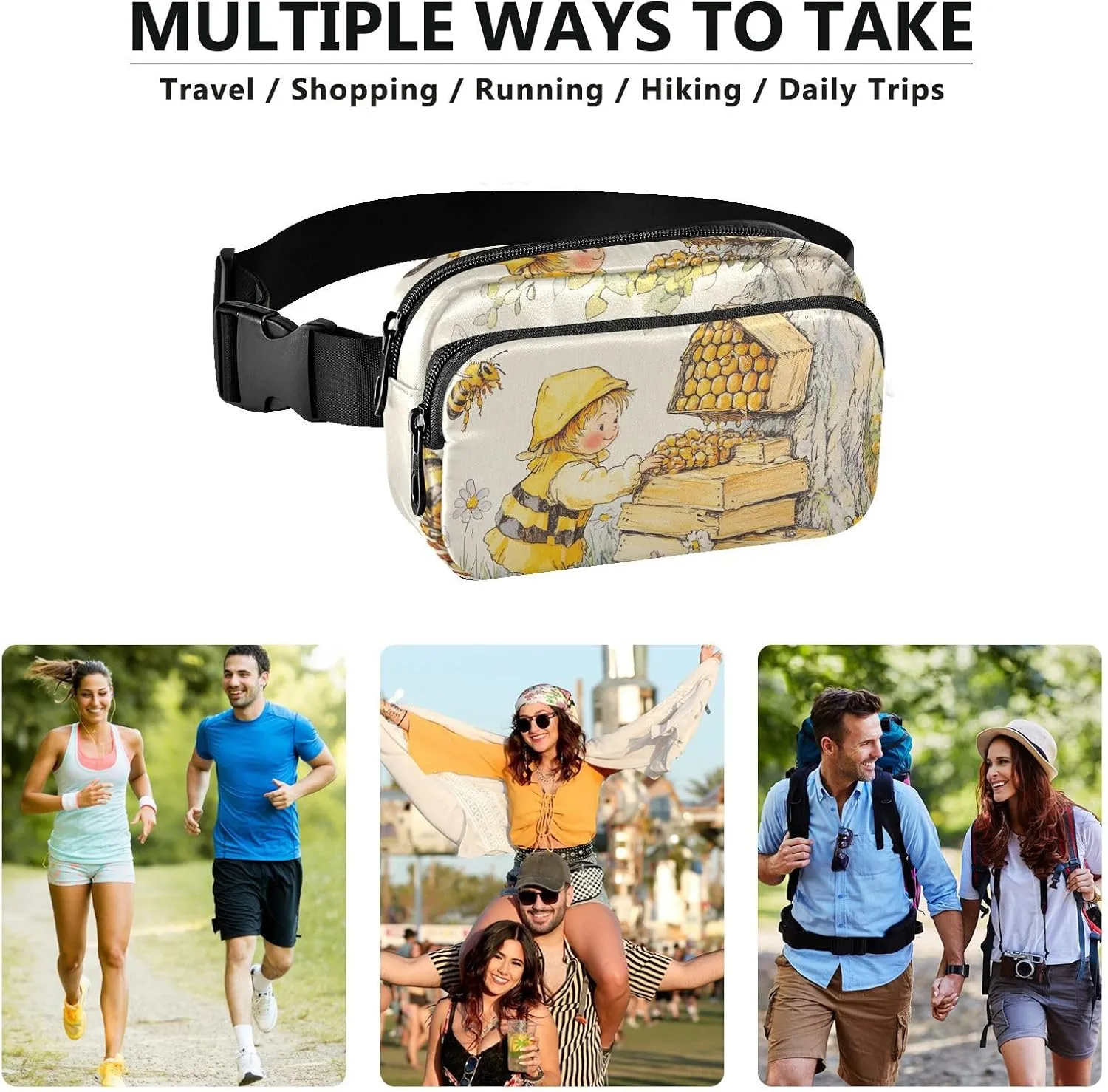 Bee Collecting Honey Tree Fashion Crossbody Bag Waist Packs for Men Women Mini Zipper Fanny Pack Sling Bag with Adjustable Strap for Travel Shopping Running