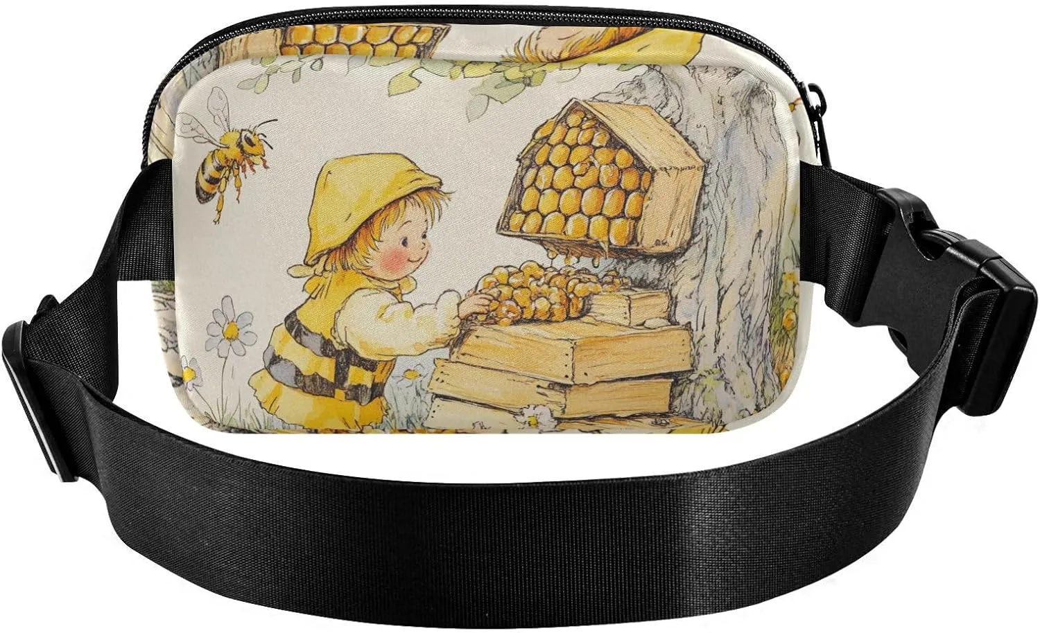 Bee Collecting Honey Tree Fashion Crossbody Bag Waist Packs for Men Women Mini Zipper Fanny Pack Sling Bag with Adjustable Strap for Travel Shopping Running