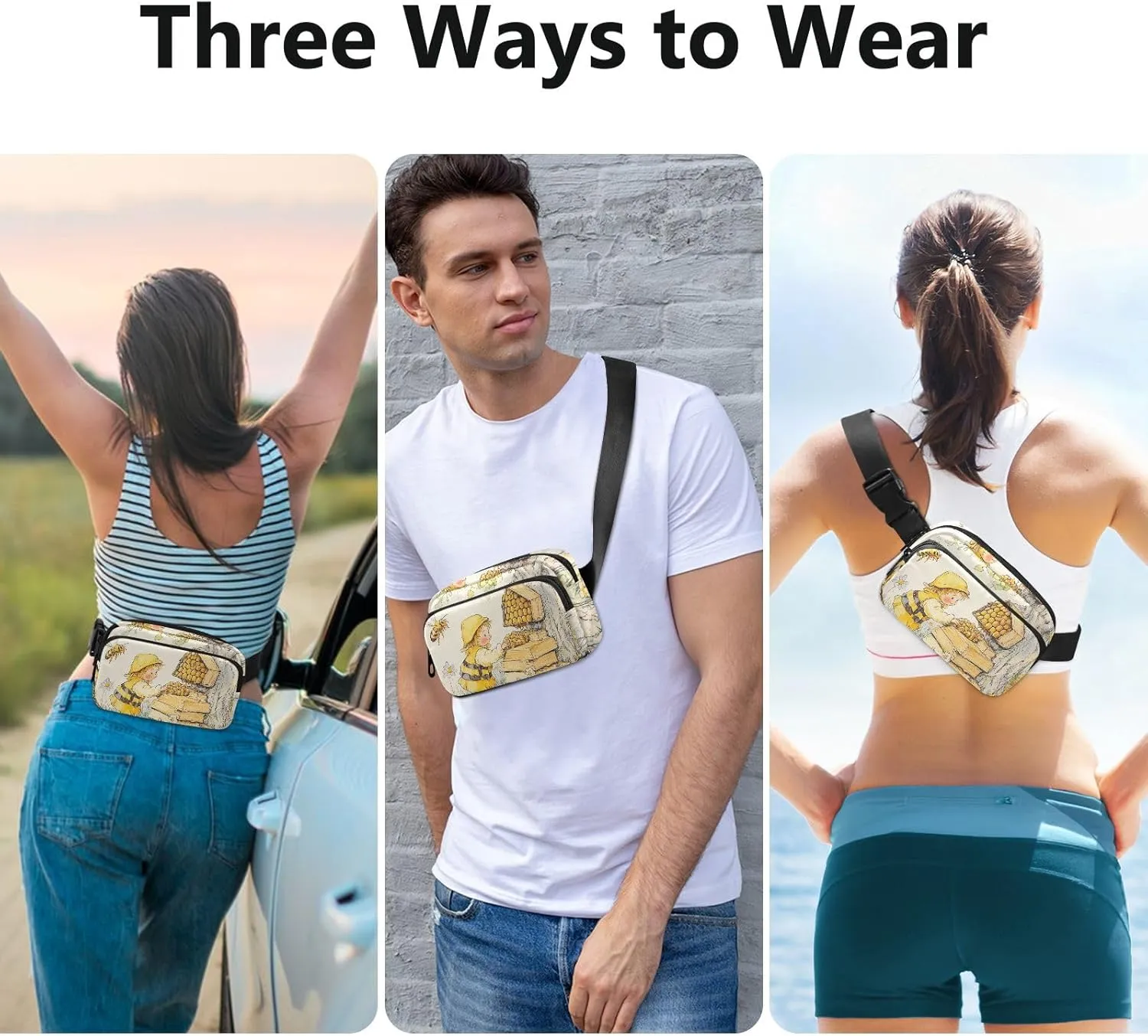 Bee Collecting Honey Tree Fashion Crossbody Bag Waist Packs for Men Women Mini Zipper Fanny Pack Sling Bag with Adjustable Strap for Travel Shopping Running
