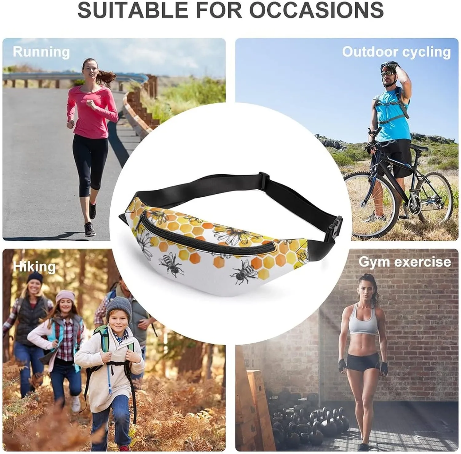 Bee Sunflowe Fanny Pack for Women Men Small Running Belt Waist Pouch Bag with Zipper Adjustable Strap Casual Waist Pack Hands-Free Phone Holder with Headphone for Travel Jogging Hiking Walking Cycling