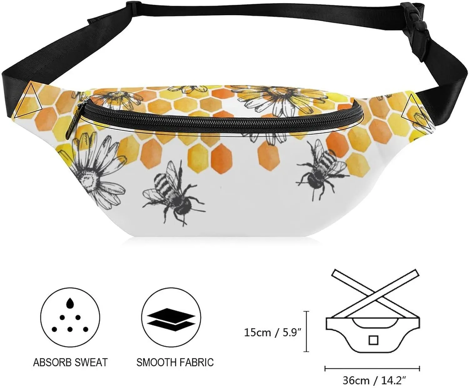 Bee Sunflowe Fanny Pack for Women Men Small Running Belt Waist Pouch Bag with Zipper Adjustable Strap Casual Waist Pack Hands-Free Phone Holder with Headphone for Travel Jogging Hiking Walking Cycling