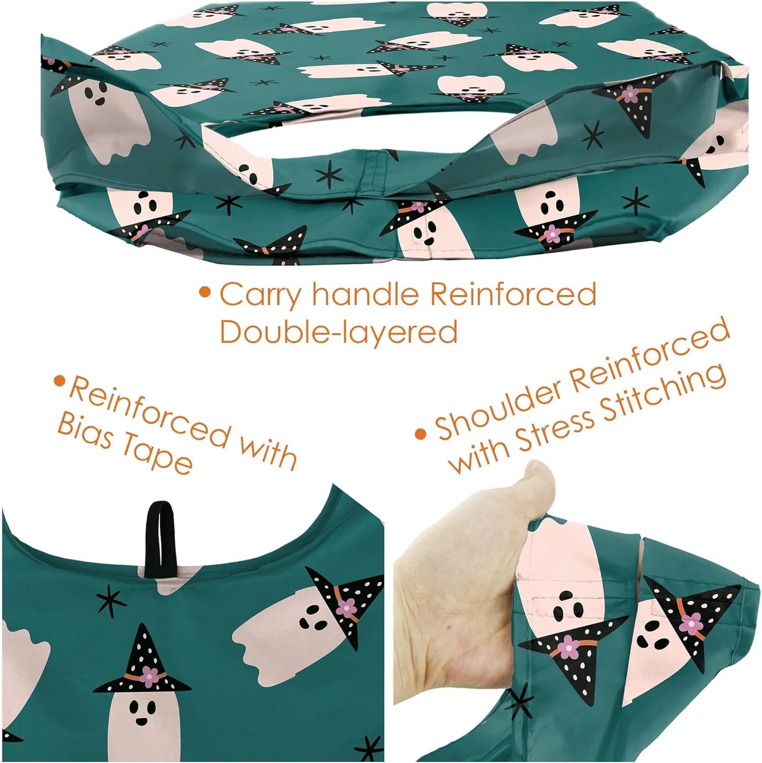 BeeGreen Halloween Bags Spooky Boo Basket Party Reusable Grocery Bags 6 Pack Trick or Treat, Halloween Pumpkin Spiders Ghost Skeleton Black Cat Bat Shopping Bags 50LBS X-Large