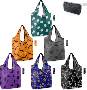BeeGreen Halloween Bags Spooky Boo Basket Party Reusable Grocery Bags 6 Pack Trick or Treat, Halloween Pumpkin Spiders Ghost Skeleton Black Cat Bat Shopping Bags 50LBS X-Large