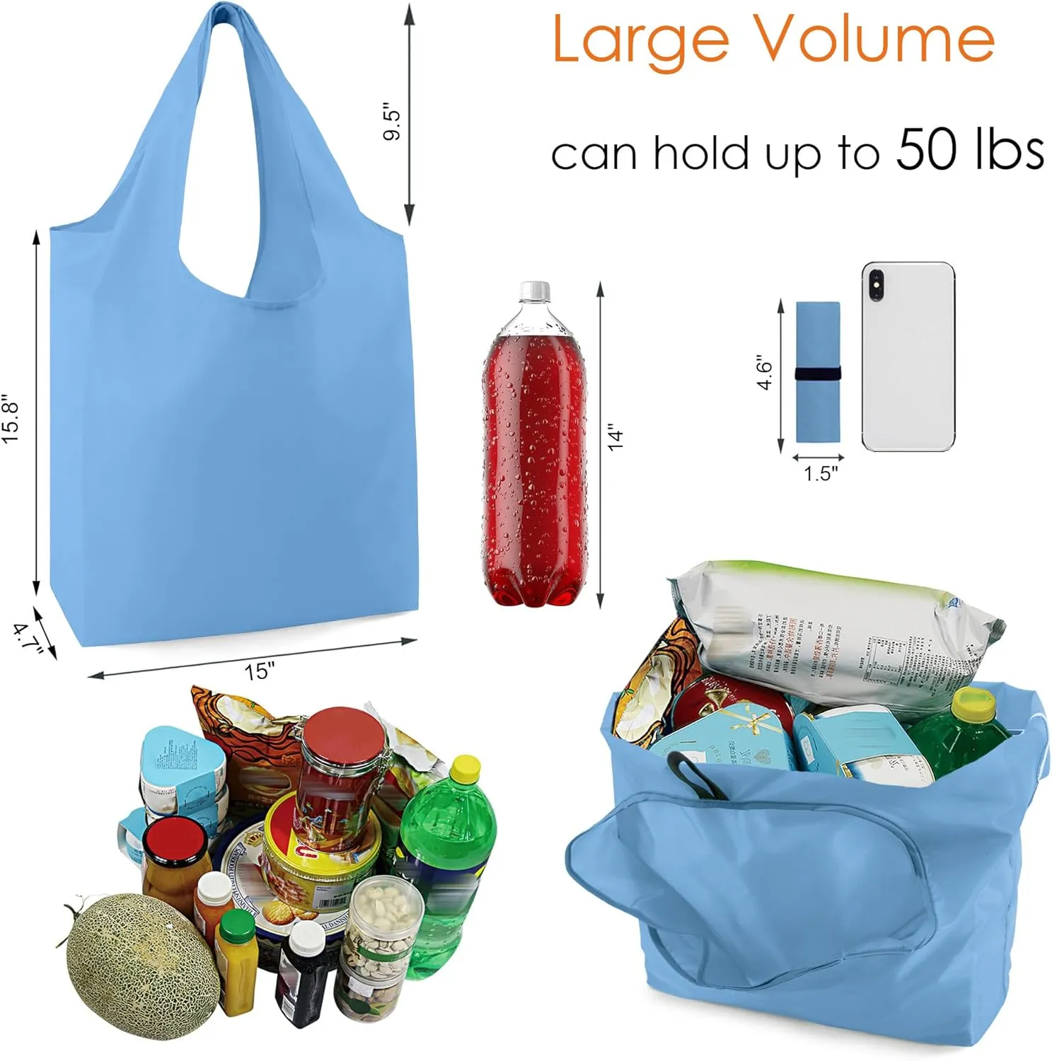 BeeGreen Lake Blue Reusable Grocery Bags Wholesale with Elastic Band Reusable Shopping Bags Bulk 50LBS X-Large Foldable-DIY-Heavy Duty Polyester 50 Pieces