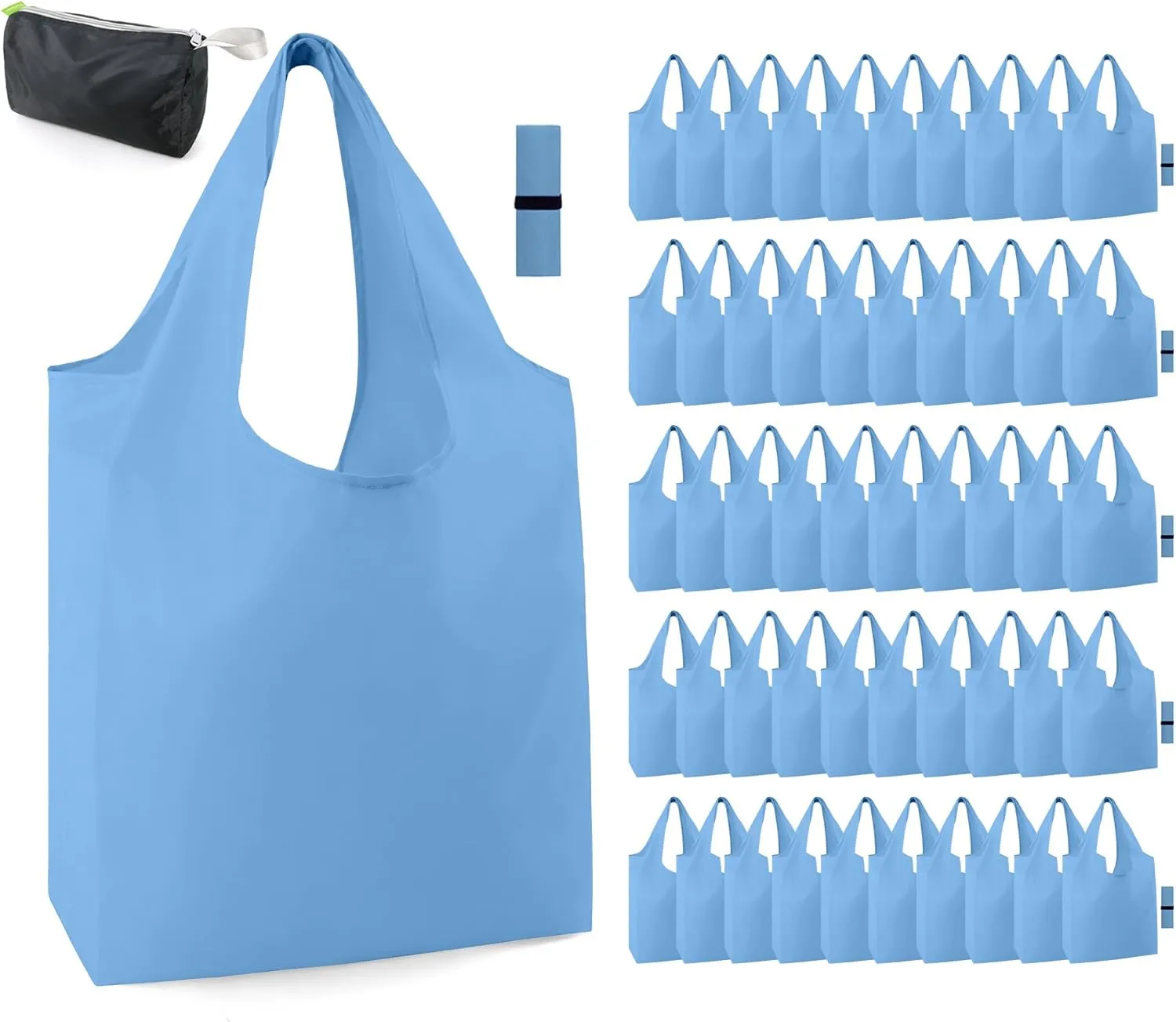 BeeGreen Lake Blue Reusable Grocery Bags Wholesale with Elastic Band Reusable Shopping Bags Bulk 50LBS X-Large Foldable-DIY-Heavy Duty Polyester 50 Pieces