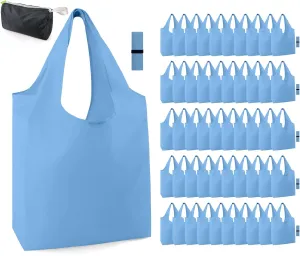 BeeGreen Lake Blue Reusable Grocery Bags Wholesale with Elastic Band Reusable Shopping Bags Bulk 50LBS X-Large Foldable-DIY-Heavy Duty Polyester 50 Pieces