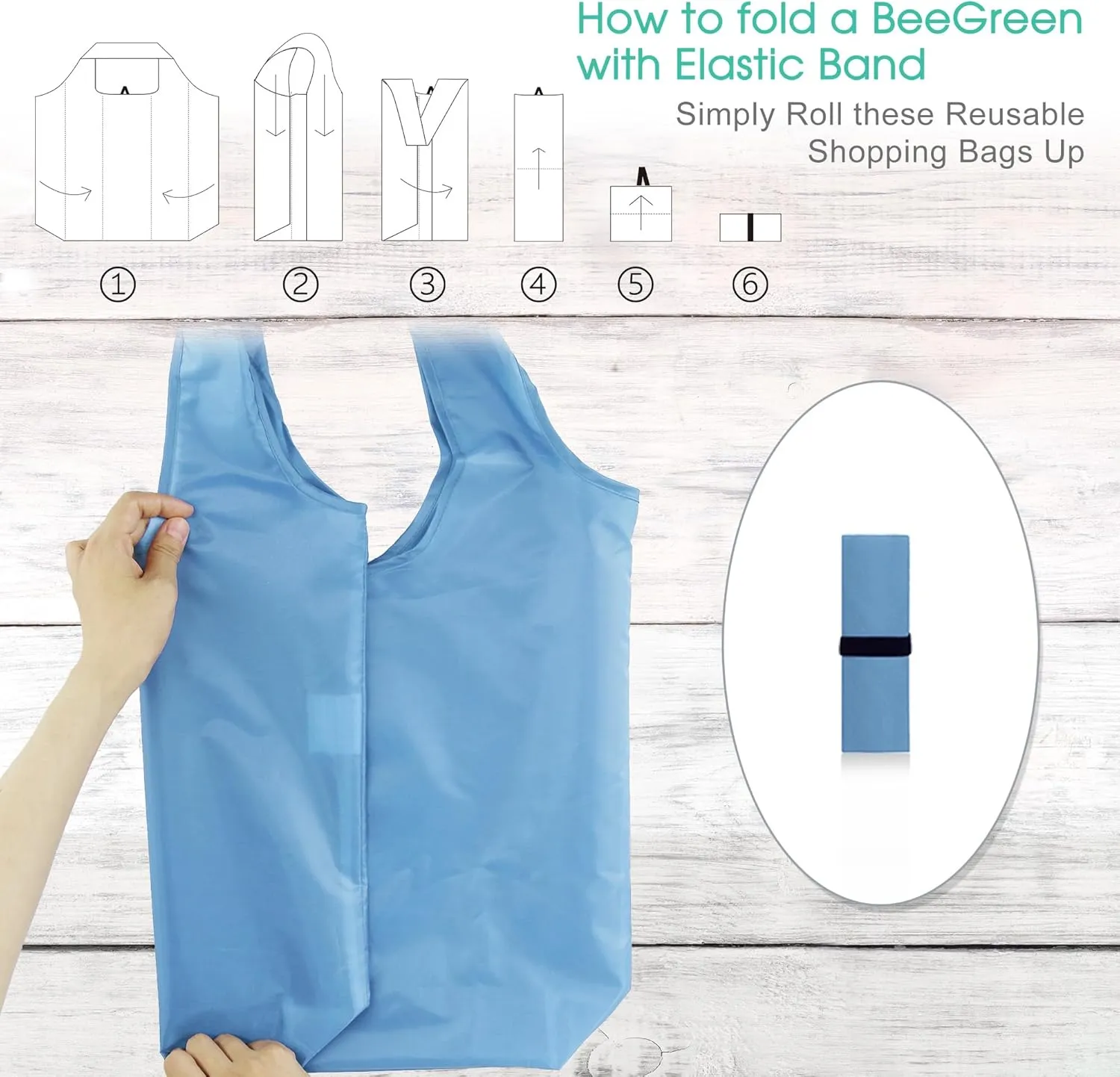BeeGreen Lake Blue Reusable Grocery Bags Wholesale with Elastic Band Reusable Shopping Bags Bulk 50LBS X-Large Foldable-DIY-Heavy Duty Polyester 50 Pieces