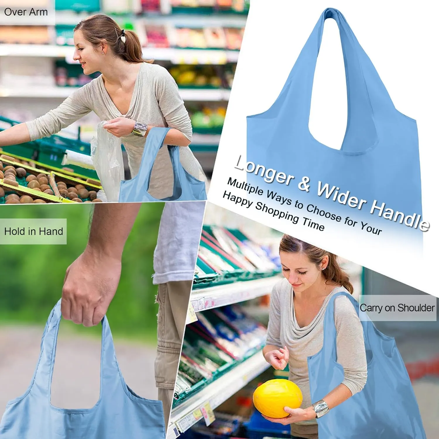 BeeGreen Lake Blue Reusable Grocery Bags Wholesale with Elastic Band Reusable Shopping Bags Bulk 50LBS X-Large Foldable-DIY-Heavy Duty Polyester 50 Pieces
