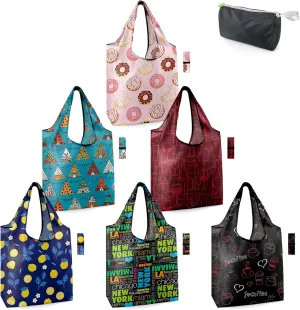 BeeGreen Travel Reusable-Grocery-Bags-Foldable-Machine-Washable-Reusable-Shopping-Bags-Bulk 6 Pack 50LBS Extra Large Totes Picnic bags Donuts Tents New York City Name Wine Coffee bag