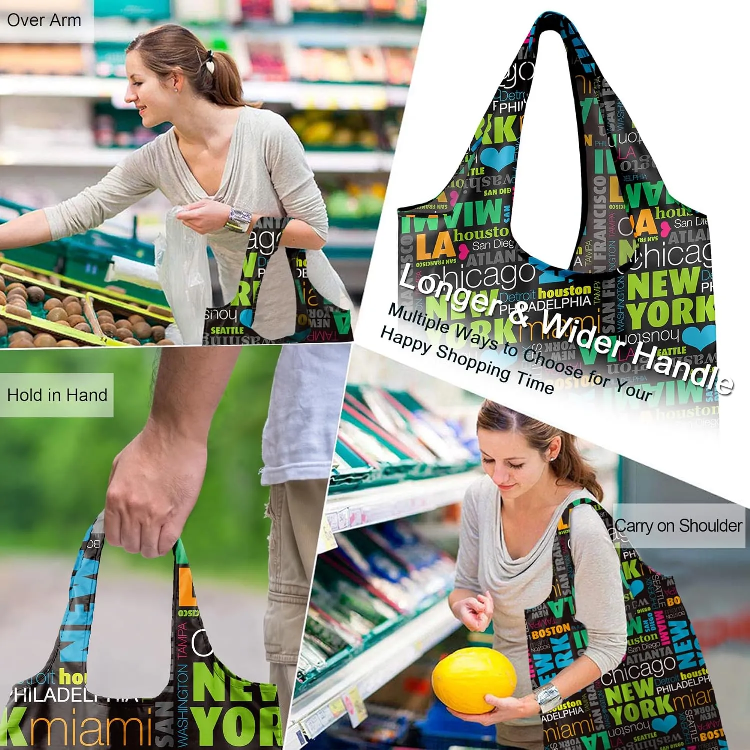 BeeGreen Travel Reusable-Grocery-Bags-Foldable-Machine-Washable-Reusable-Shopping-Bags-Bulk 6 Pack 50LBS Extra Large Totes Picnic bags Donuts Tents New York City Name Wine Coffee bag