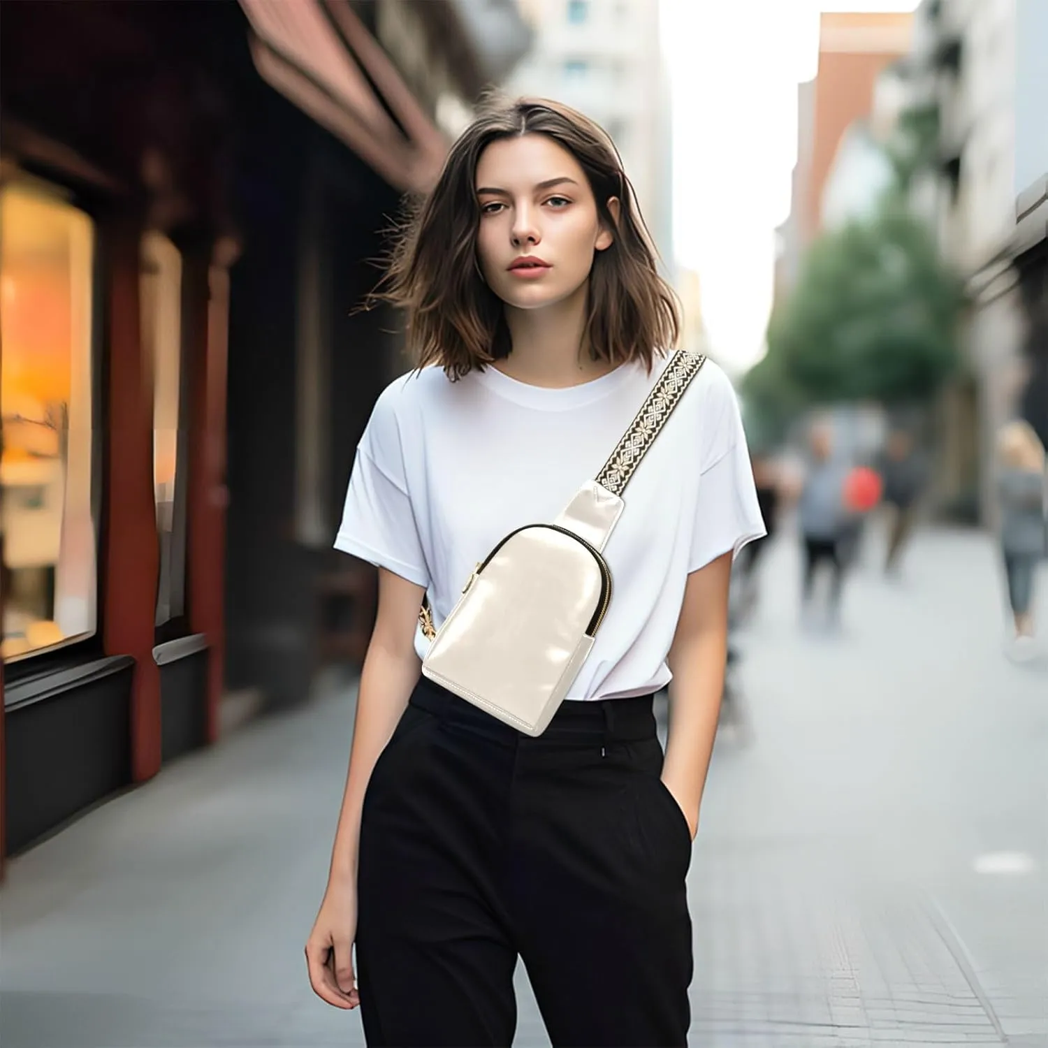 Beige Crossbody Sling Bag for Women Men Leather Chest Bags Purse Adjustable Cross Body Daypack for Workout Outdoors Travel