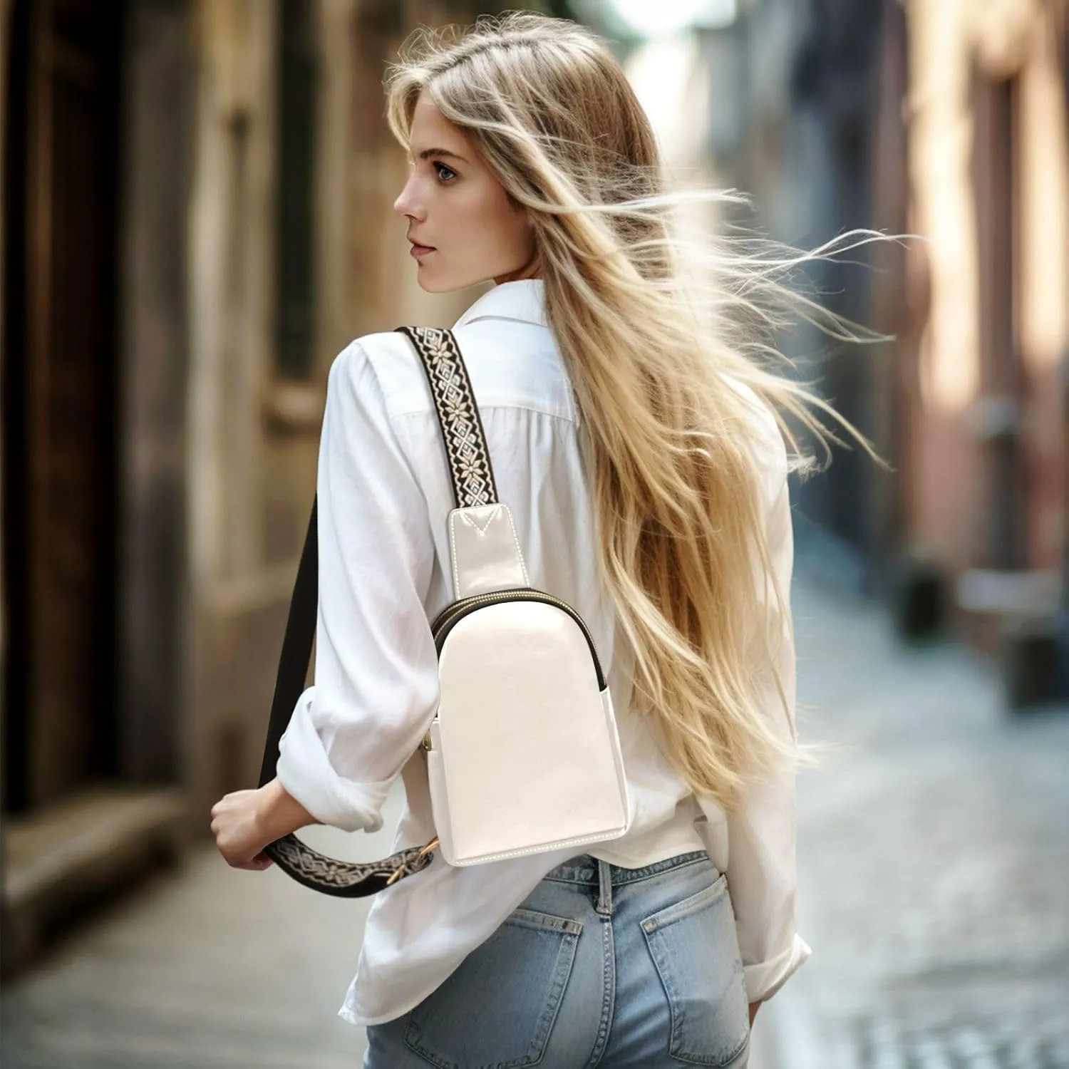 Beige Crossbody Sling Bag for Women Men Leather Chest Bags Purse Adjustable Cross Body Daypack for Workout Outdoors Travel