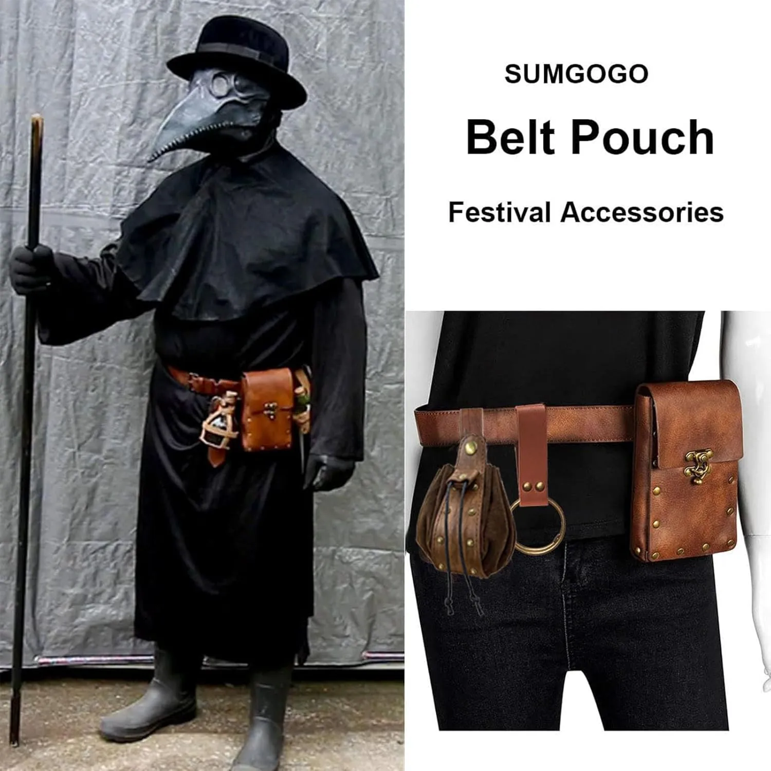 Belt Pouch Waist Bag Fanny Pack Steampunk Phone Holder Casual Medieval Renaissance Cosplay Costume Accessories (2Pouch-Brown)