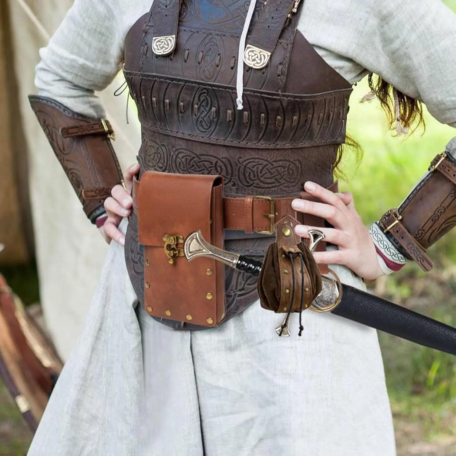 Belt Pouch Waist Bag Fanny Pack Steampunk Phone Holder Casual Medieval Renaissance Cosplay Costume Accessories (2Pouch-Brown)