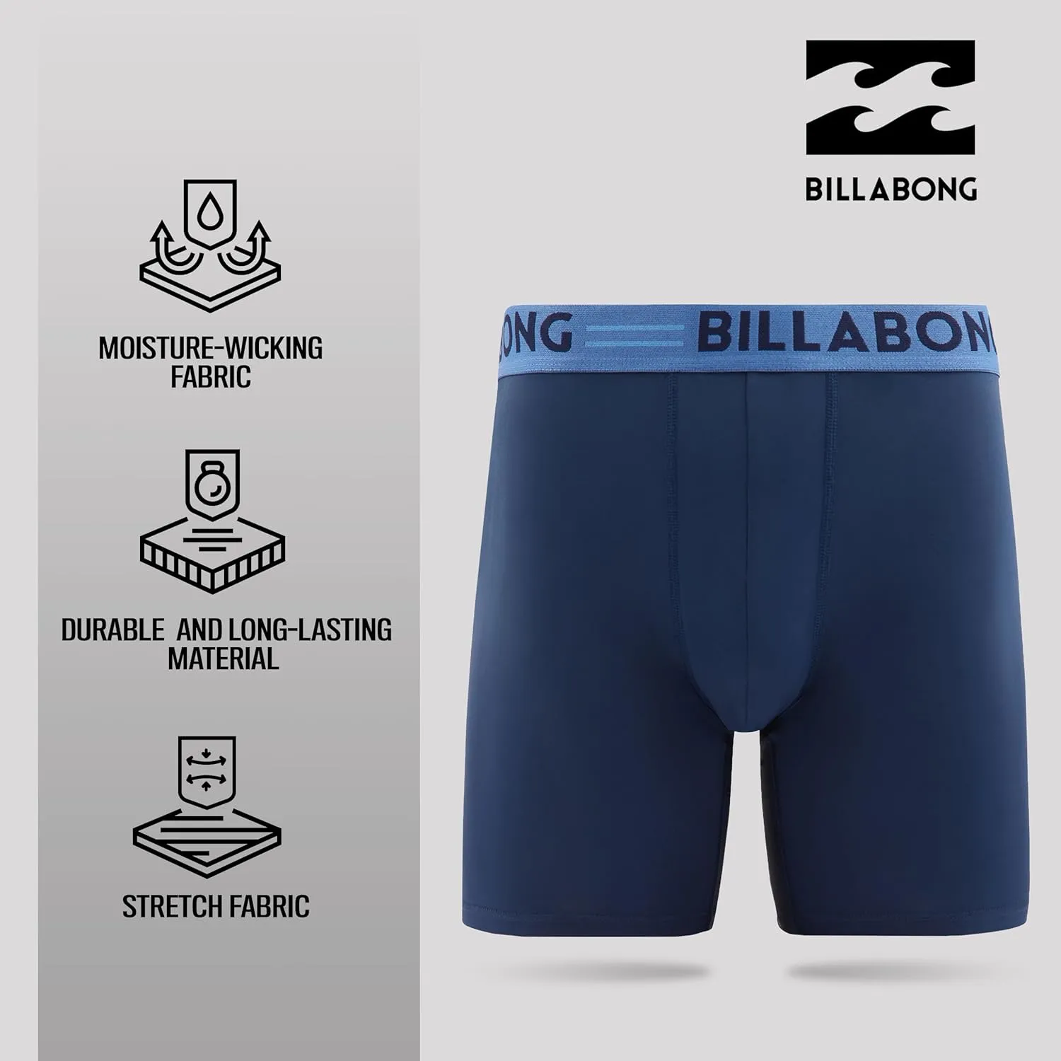 Billabong Mens Boxer Briefs 4 Pack Long Leg Performance Compression Shorts Mens Underwear 7.5” Inseam