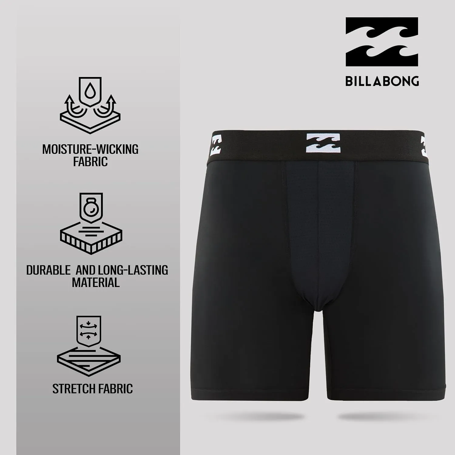 Billabong Mens Boxer Briefs 4 Pack Long Leg Performance Compression Shorts Mens Underwear 7.5” Inseam