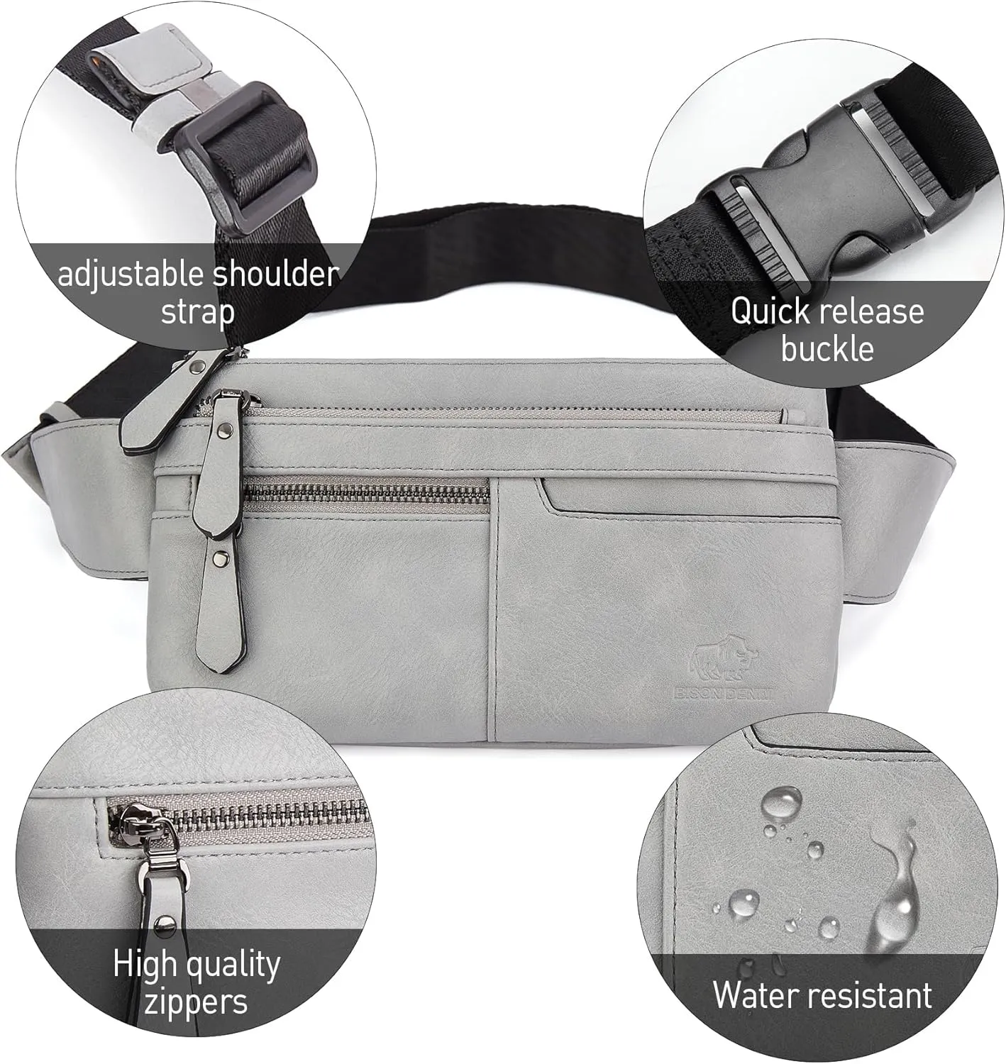 BISON DENIM Leather Waist Pack Fanny Pack Hip Purse Travel Hiking Bum Bag Belt Bag for Men Women