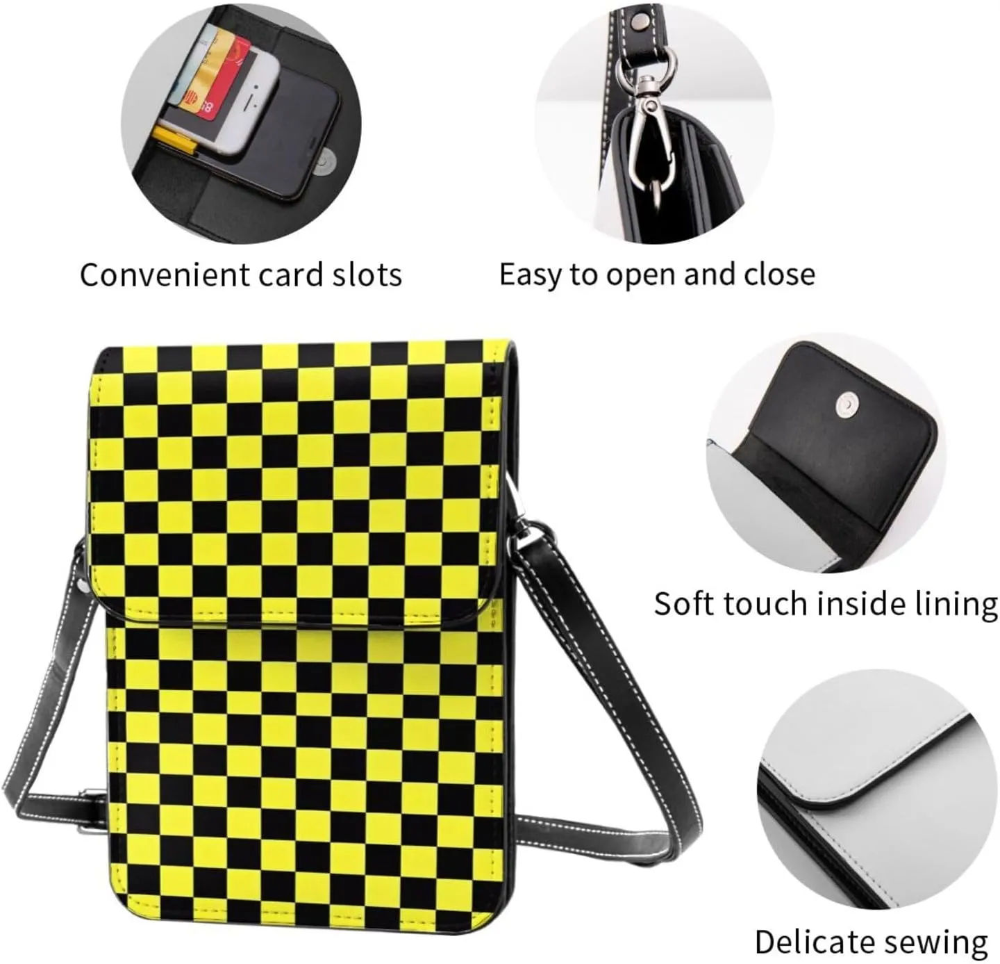 Black and Yellow Checkered Flag Leather Crossbody Phone Purse for Women Cute Wallet Bags Lightweight Mini Sling Bag