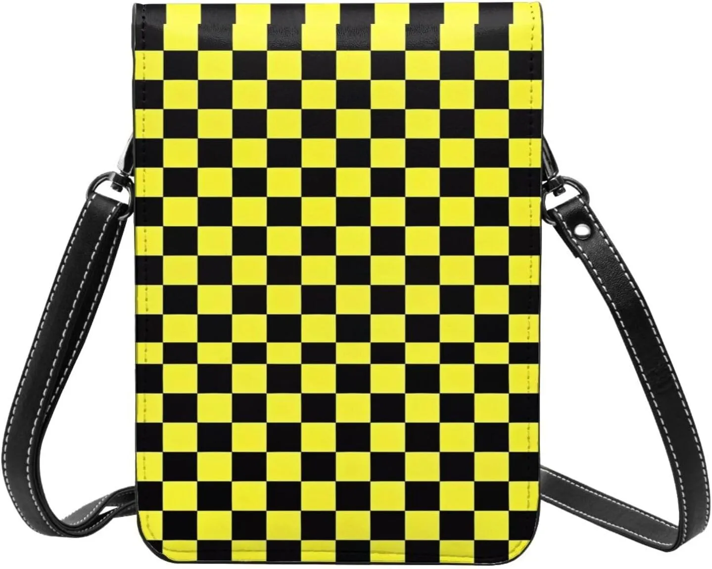 Black and Yellow Checkered Flag Leather Crossbody Phone Purse for Women Cute Wallet Bags Lightweight Mini Sling Bag