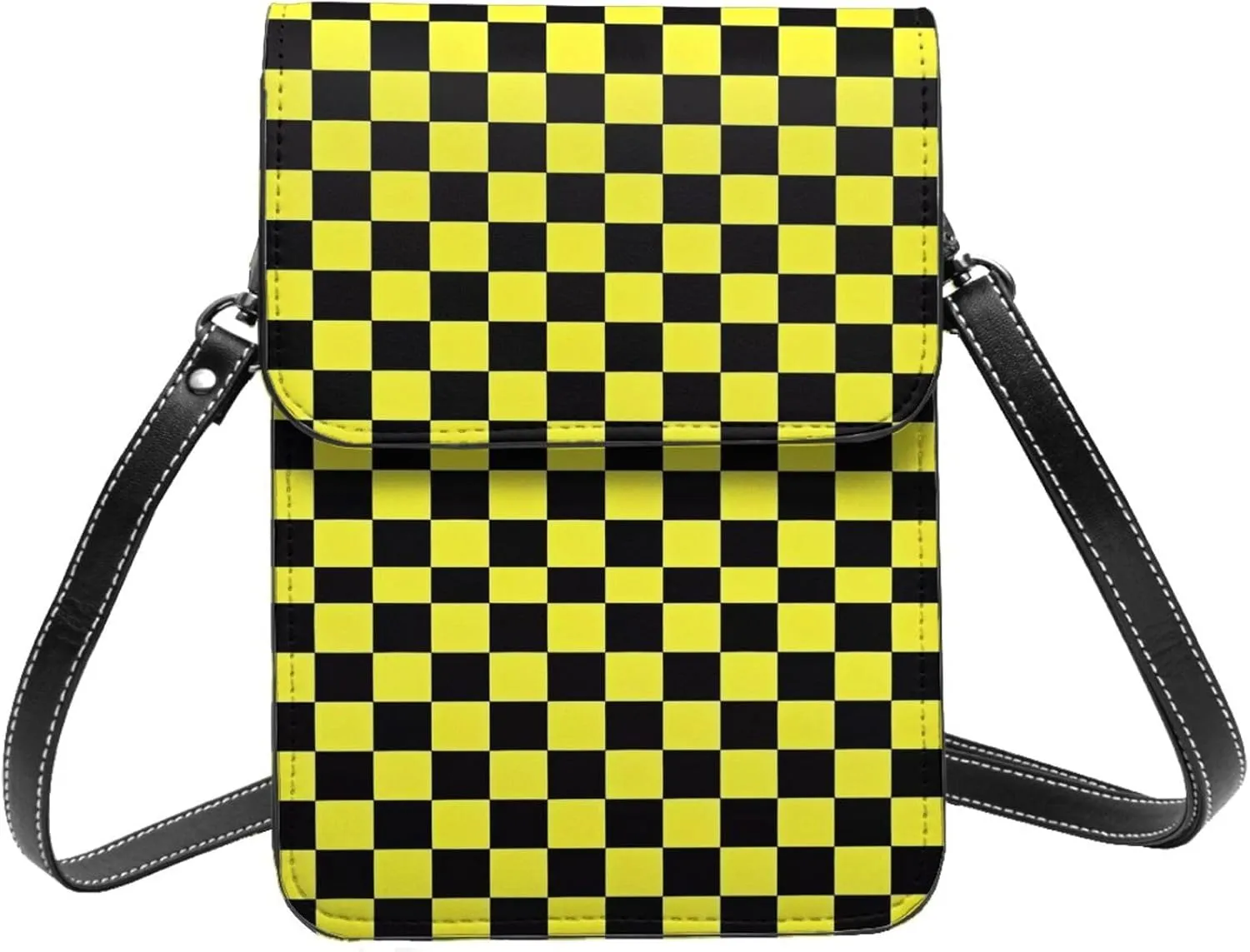 Black and Yellow Checkered Flag Leather Crossbody Phone Purse for Women Cute Wallet Bags Lightweight Mini Sling Bag