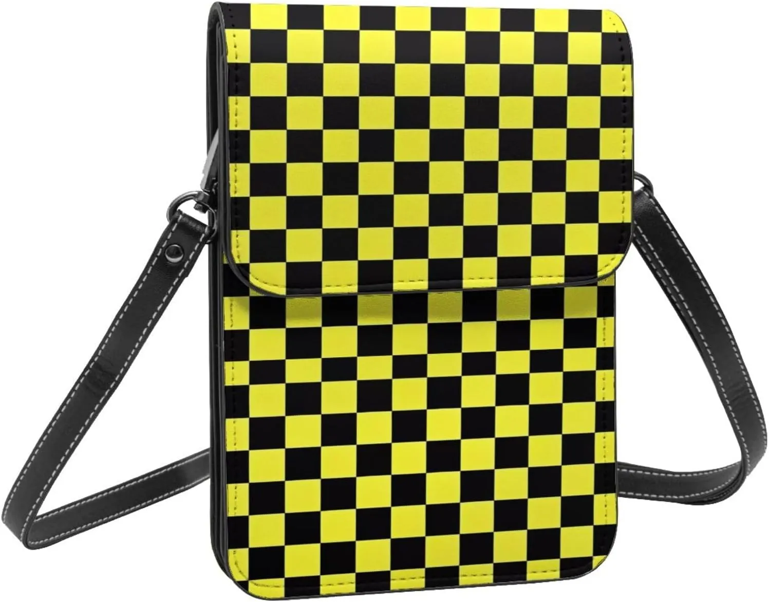Black and Yellow Checkered Flag Leather Crossbody Phone Purse for Women Cute Wallet Bags Lightweight Mini Sling Bag