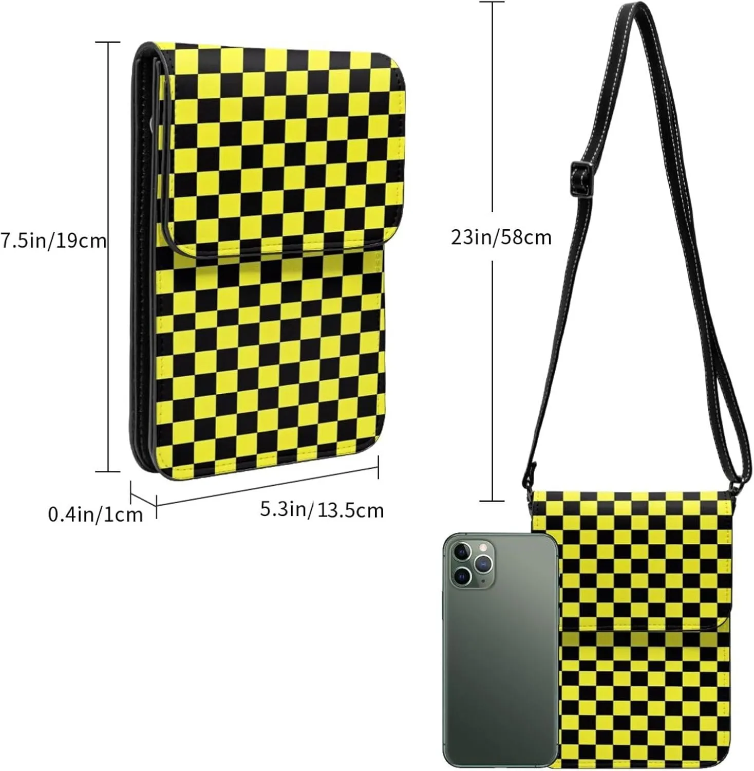 Black and Yellow Checkered Flag Leather Crossbody Phone Purse for Women Cute Wallet Bags Lightweight Mini Sling Bag