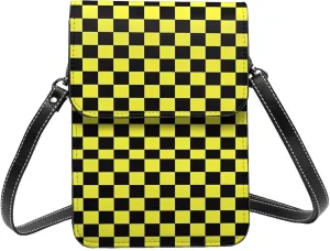 Black and Yellow Checkered Flag Leather Crossbody Phone Purse for Women Cute Wallet Bags Lightweight Mini Sling Bag