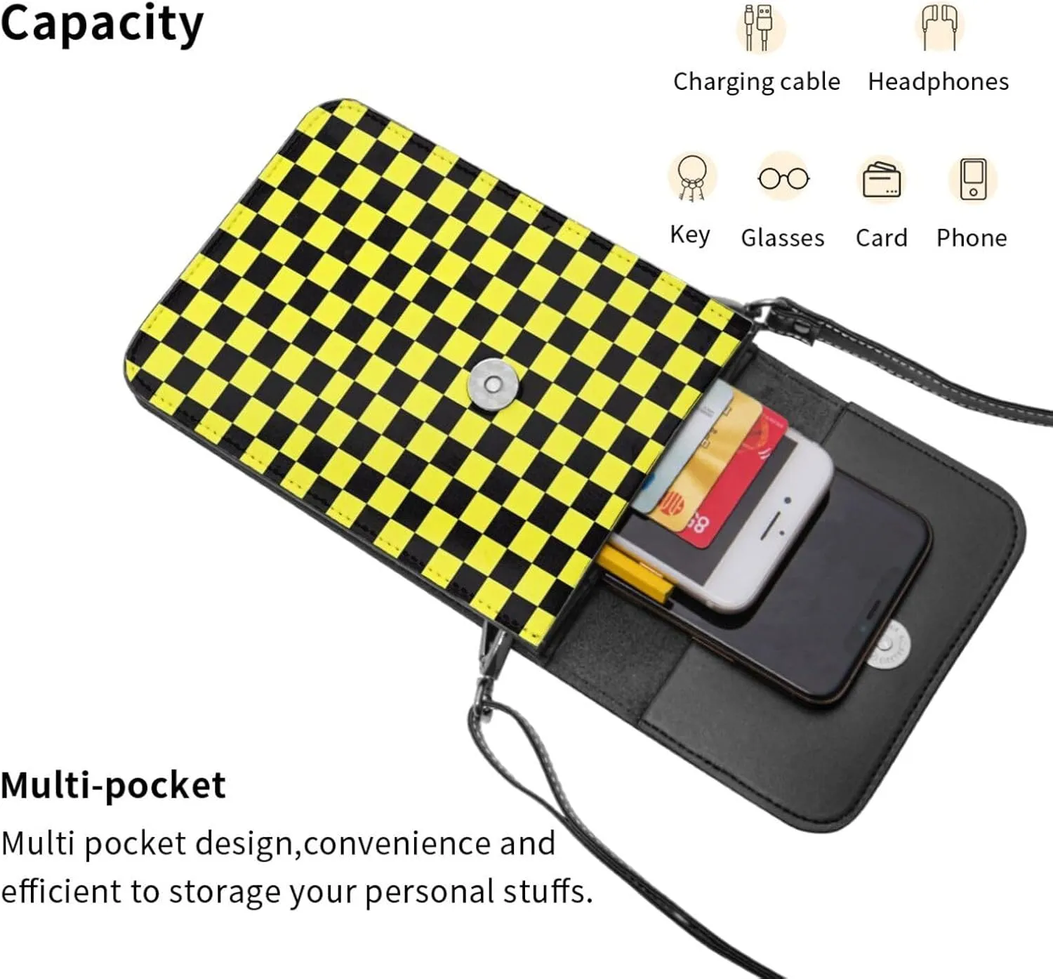 Black and Yellow Checkered Flag Leather Crossbody Phone Purse for Women Cute Wallet Bags Lightweight Mini Sling Bag