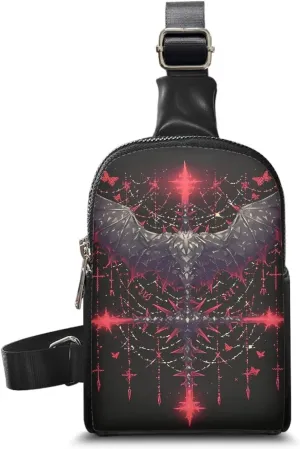 Black Bat Cross Print Small Crossbody Sling Backpack for Women, Gothic Red Spider Web Printed PU Leather Fanny Pack Purse Backpack Over Shoulder Bag Travel Anti Theft