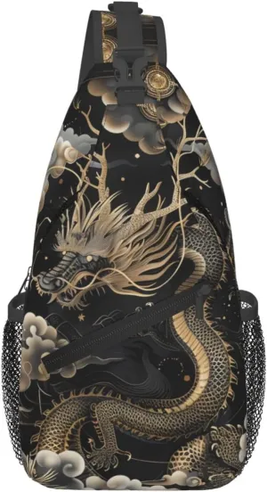 Black Chinese Dragon Sling Bag Backpack For Men Cross Chest Bag Crossbody Shoulder Bag Travel Hiking Daypack