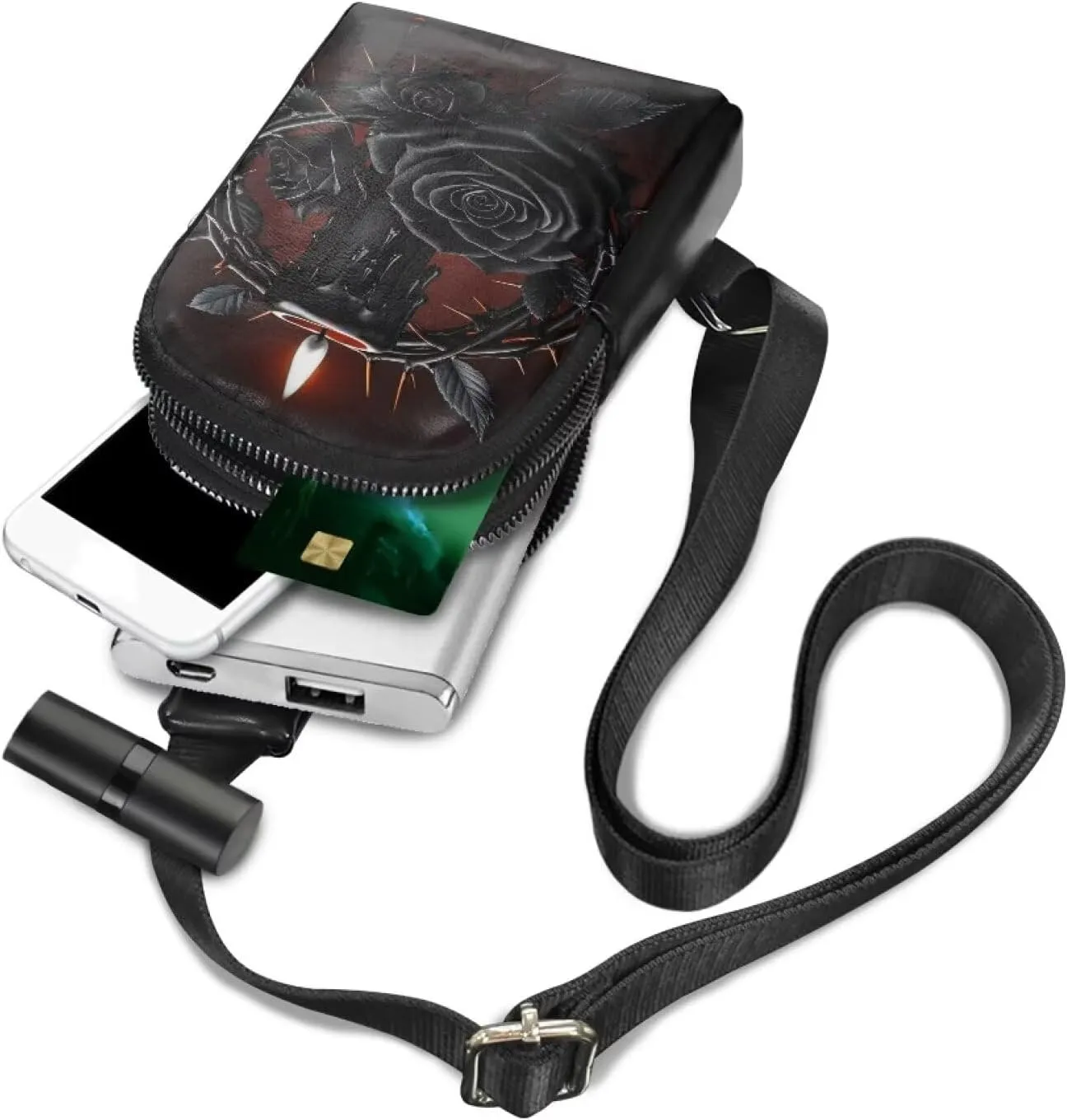 Black Rose Thorns Small Sling Backpack Shoulder Bag Gothic Candle Print PU Leather Chest Crossbody Daypack Anti Thief, Witchy Mystical Chest Bag for Travel