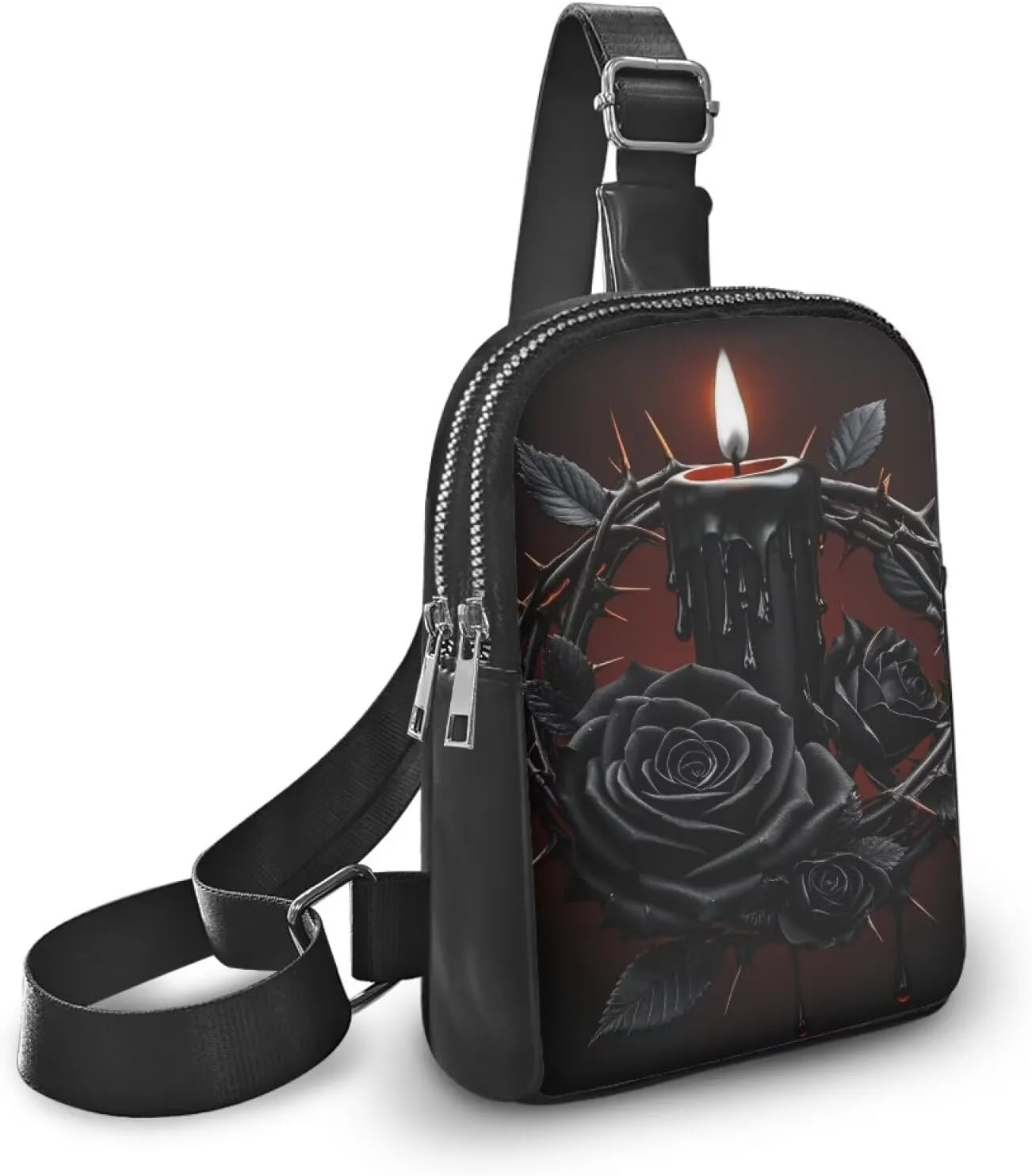 Black Rose Thorns Small Sling Backpack Shoulder Bag Gothic Candle Print PU Leather Chest Crossbody Daypack Anti Thief, Witchy Mystical Chest Bag for Travel