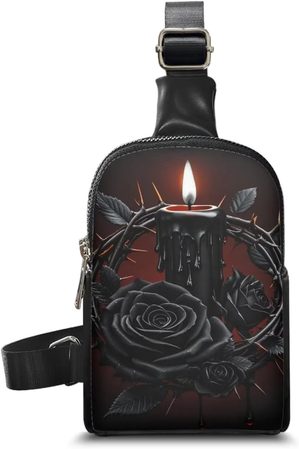 Black Rose Thorns Small Sling Backpack Shoulder Bag Gothic Candle Print PU Leather Chest Crossbody Daypack Anti Thief, Witchy Mystical Chest Bag for Travel