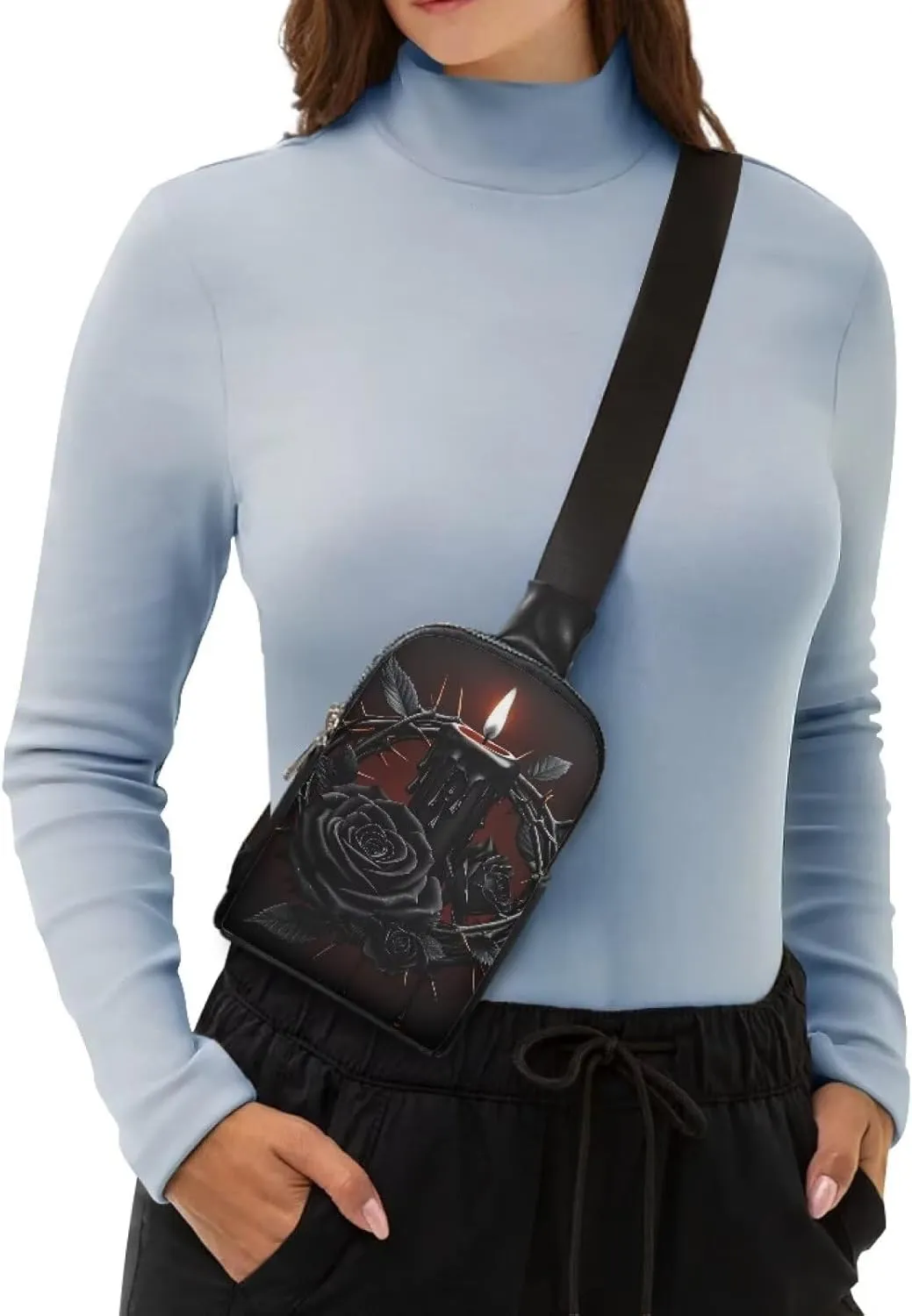 Black Rose Thorns Small Sling Backpack Shoulder Bag Gothic Candle Print PU Leather Chest Crossbody Daypack Anti Thief, Witchy Mystical Chest Bag for Travel