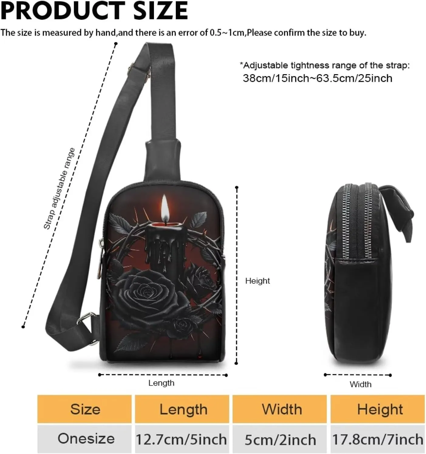 Black Rose Thorns Small Sling Backpack Shoulder Bag Gothic Candle Print PU Leather Chest Crossbody Daypack Anti Thief, Witchy Mystical Chest Bag for Travel