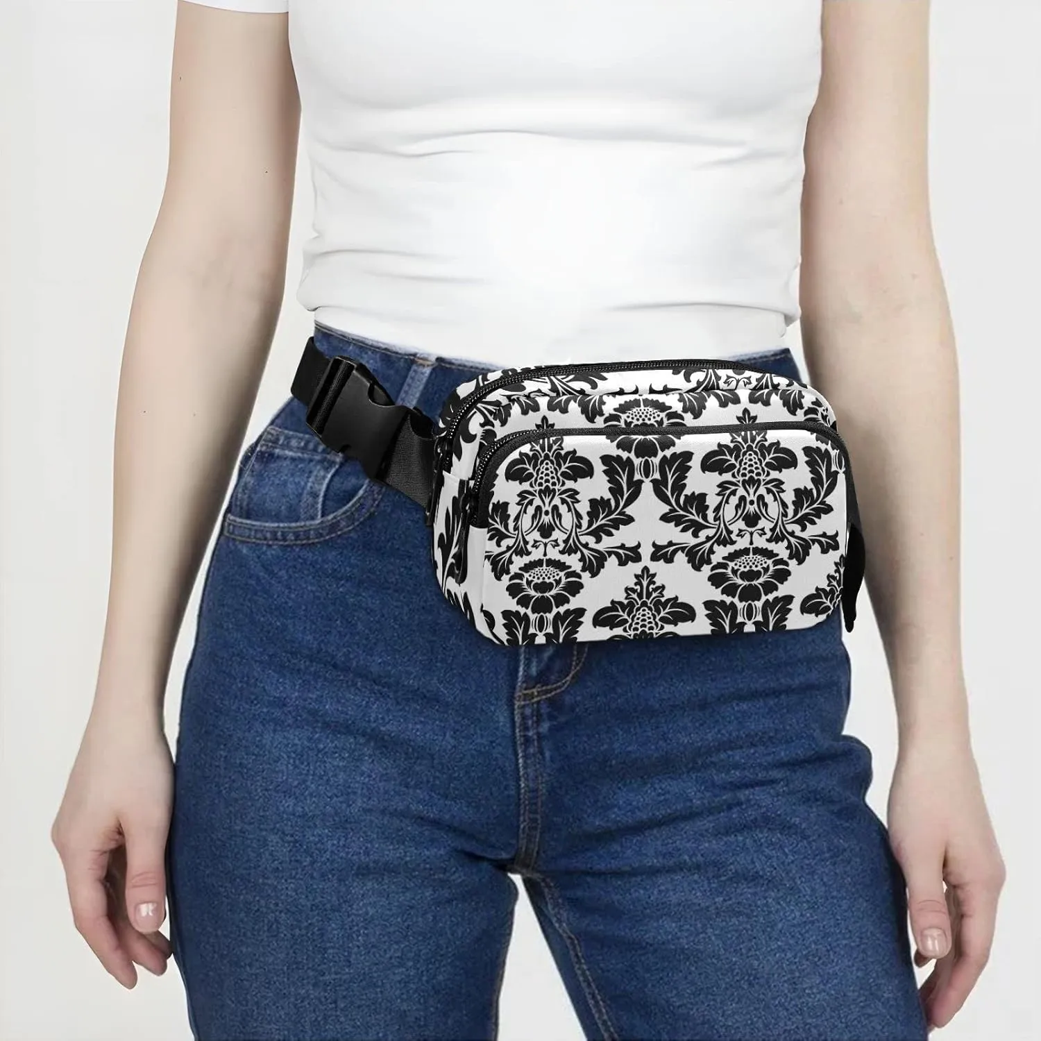 Black Seamless Damask Flowers Ornate Seamless on White Adjustable Belt Running Bag, Crossbody Fanny Pack Waist Runners Bag Tote for Women Men Sports Hiking Fitness Exercise Gym Pouch