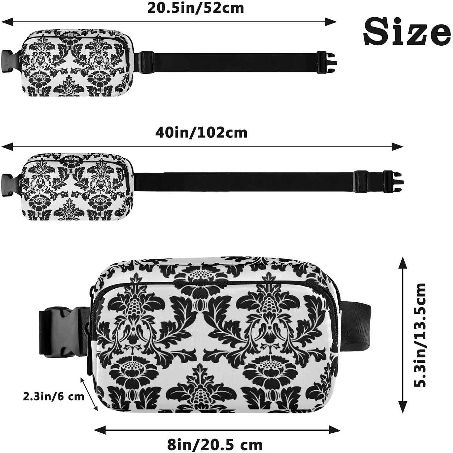 Black Seamless Damask Flowers Ornate Seamless on White Adjustable Belt Running Bag, Crossbody Fanny Pack Waist Runners Bag Tote for Women Men Sports Hiking Fitness Exercise Gym Pouch
