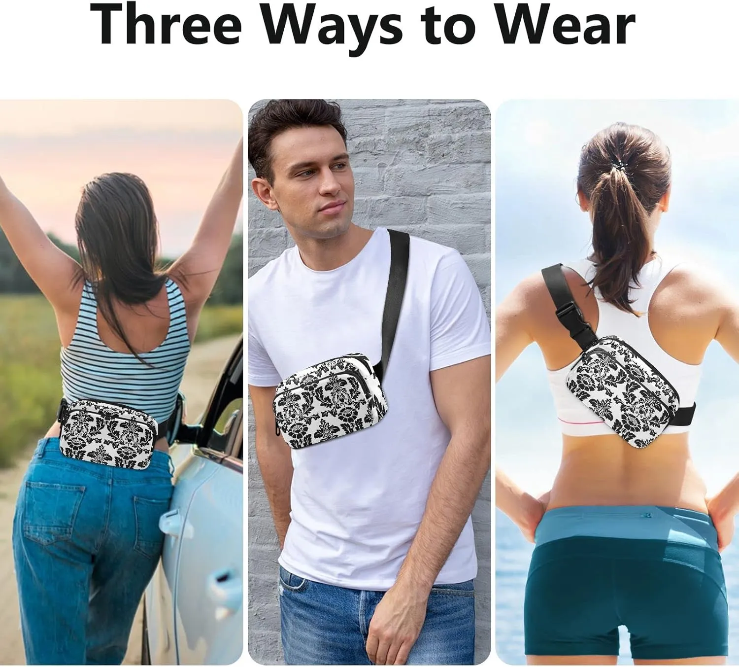 Black Seamless Damask Flowers Ornate Seamless on White Adjustable Belt Running Bag, Crossbody Fanny Pack Waist Runners Bag Tote for Women Men Sports Hiking Fitness Exercise Gym Pouch