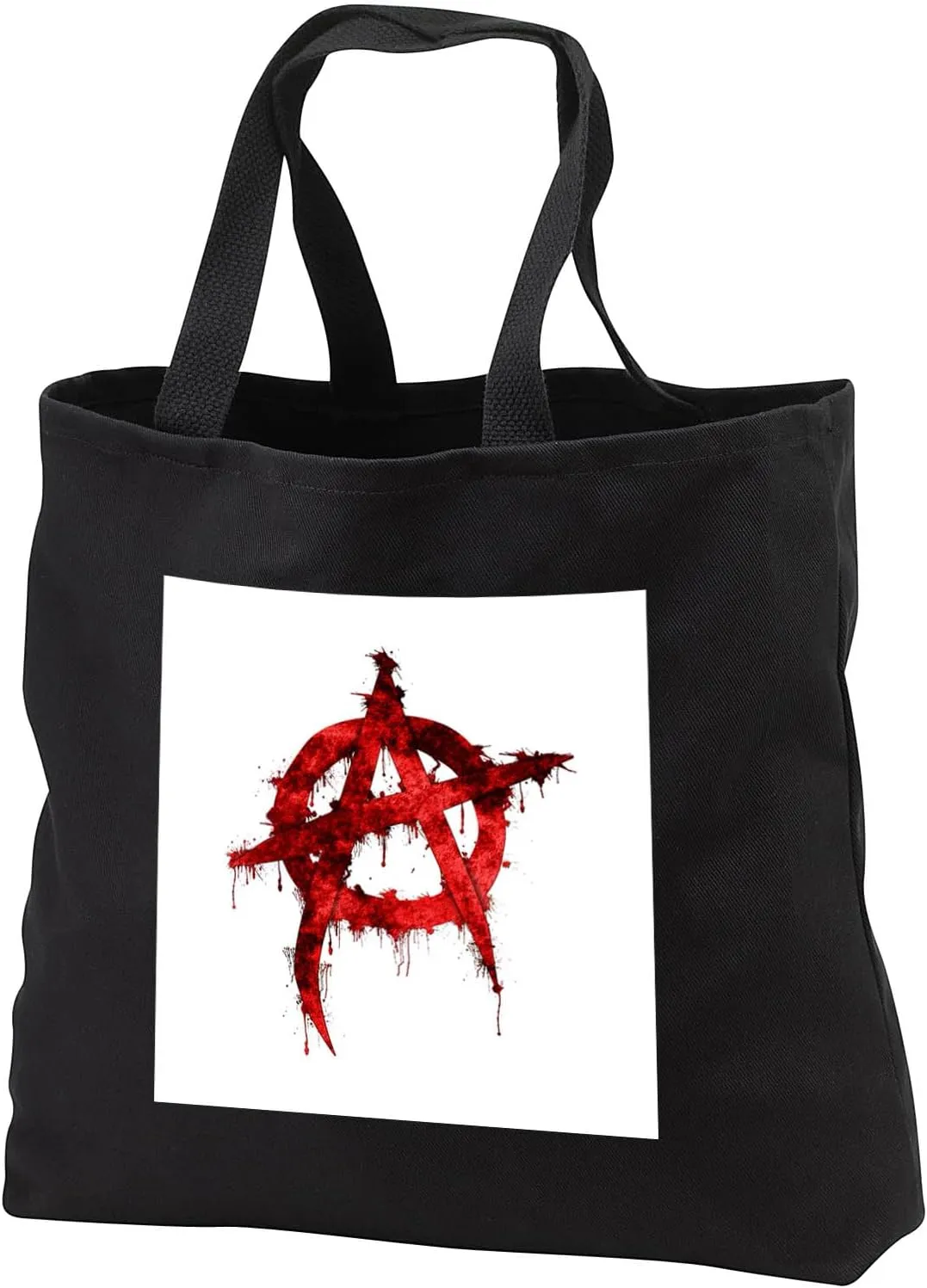 Black Tote Bag 14w x 14h x 3d - Anti-government anarchy grafetti symbol in dripping red paint. Creative Studios – Political