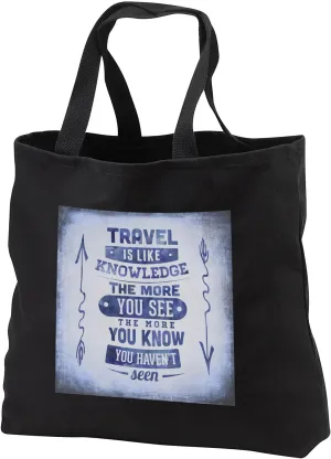 Black Tote Bag 14w x 14h x 3d - Blue Travel Is Like Knowledge Quote Typography Art Inspirational Typography