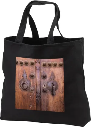 Black Tote Bag 14w x 14h x 3d - Iran, Kashan, Khan E Boroujerdi, Ornate Door With Door Knockers. Architecture