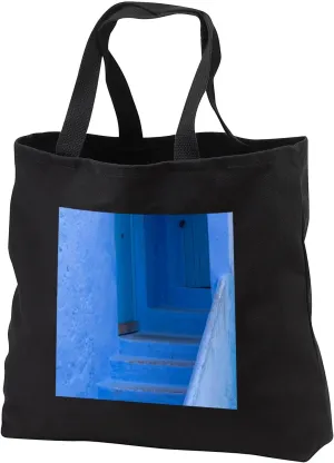 Black Tote Bag 14w x 14h x 3d - Morocco, Chefchaouen. Steps leading up into a home. Architecture