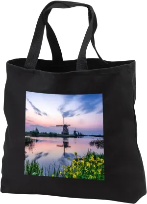 Black Tote Bag 14w x 14h x 3d - Netherlands, Kinderdijk, Windmills at Sunrise along the canals. Windmills