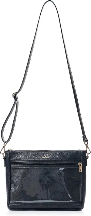 Black Vegan Leather Crossbody Display Bag for Direct Sales Enamel Pins | Clear Pocket ITA Product Display Marketing Bags | Gift For Enamel Pin Color Nail Strips WOW Senegence Essential Oils Bling Bag