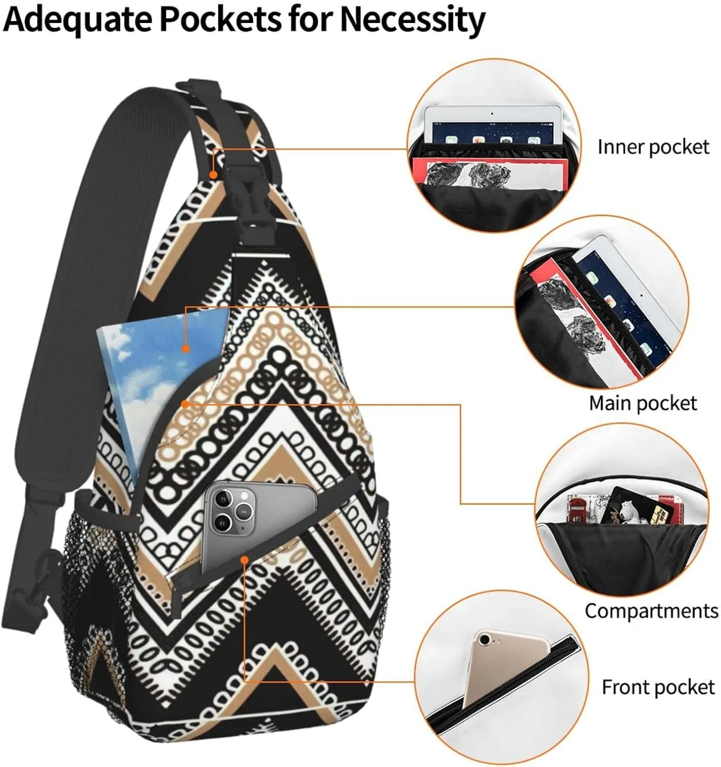Black White Tan Zigzag Sling Bag Crossbody Backpack Sling Backpack Shoulder Bag For Women Men Cycling Hiking Travel