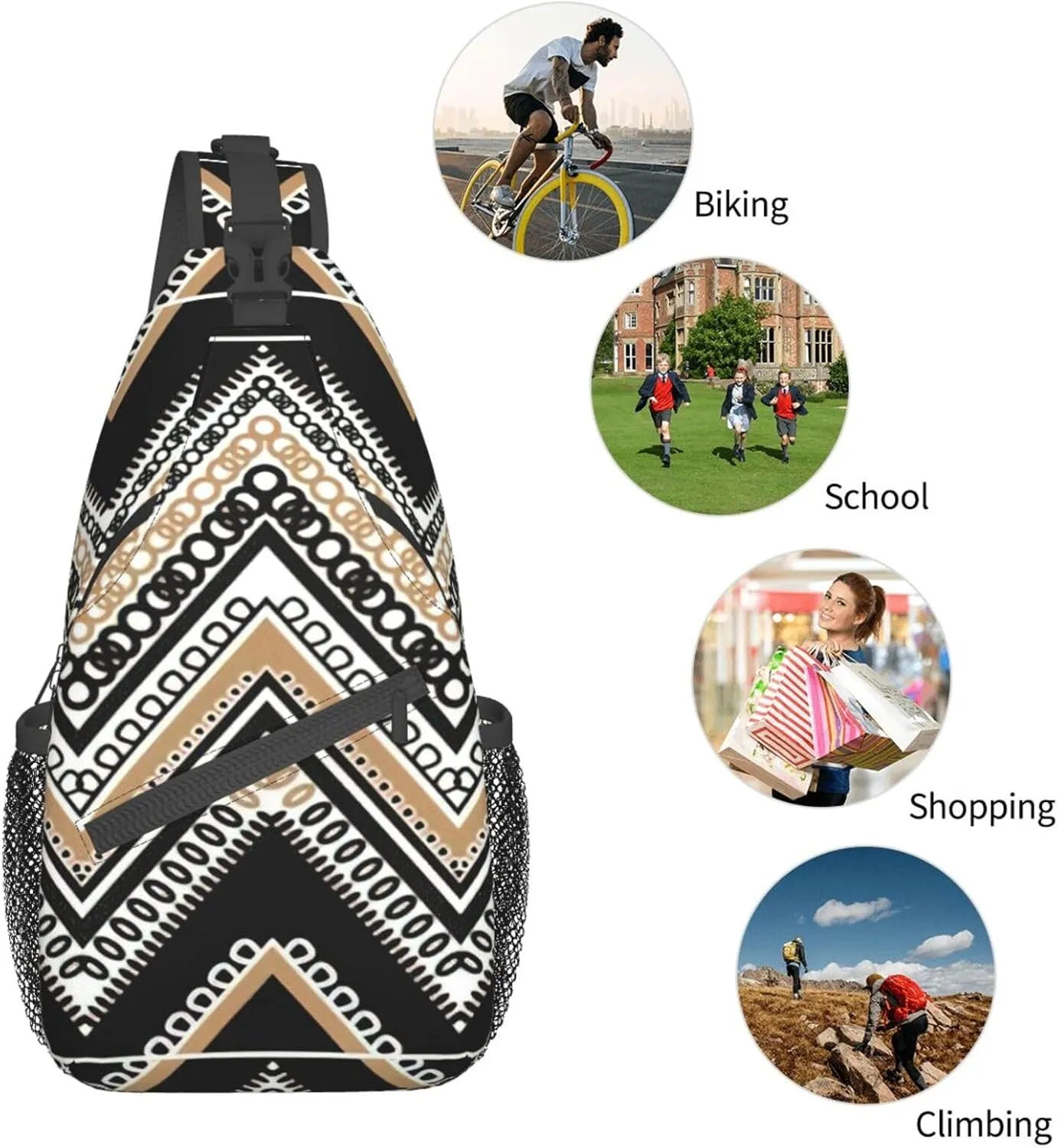 Black White Tan Zigzag Sling Bag Crossbody Backpack Sling Backpack Shoulder Bag For Women Men Cycling Hiking Travel
